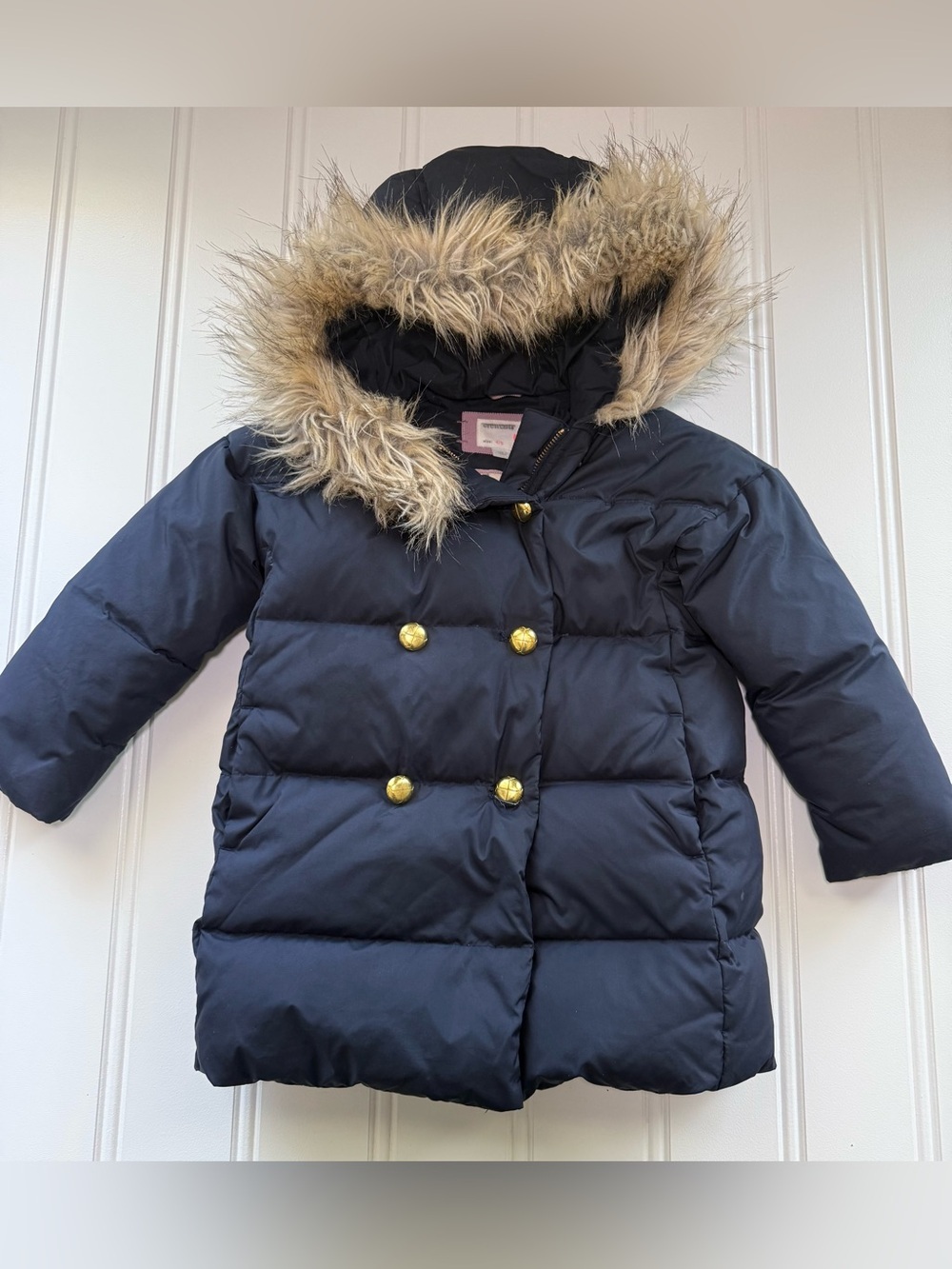 Crewcuts J.Crew Girls Down Puffer Parka Faux Fur Hood Jacket 4-5 Navy Blue 3016